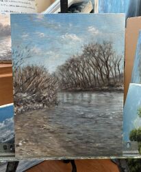  blue_sky clouds commentary_request day hashibossan highres no_humans original outdoors painting_(medium) river scenery sky traditional_media tree water 
