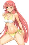  akashi_(kantai_collection) bikini breasts green_eyes hair_ribbon kantai_collection large_breasts long_hair looking_at_viewer one_eye_closed pink_hair ribbon saruton smile swimsuit tress_ribbon twintails 