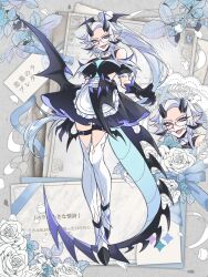  1girl absurdres aotsuki_eito apron black_dress black_gloves breasts chinese_commentary claws commentary_request detached_collar detached_sleeves dragon_girl dragon_tail dress evarina55 evil_grin evil_smile flower genderswap genderswap_(mtf) glasses gloves grey_hair grin head_wings highres horns large_breasts long_hair looking_at_viewer low_wings maid_apron plant ponytail puffy_detached_sleeves puffy_sleeves rose single_bare_shoulder slit_pupils smile tail the_hundred_line_-last_defense_academy- thigh-highs thigh_strap violet_eyes white_flower white_rose white_thighhighs wings 