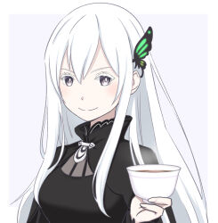  1girl 7cats black_dress breasts bug butterfly butterfly_hair_ornament commentary_request cup dress echidna_(re:zero) green_butterfly hair_between_eyes hair_ornament highres long_hair looking_at_viewer medium_breasts re:zero_kara_hajimeru_isekai_seikatsu smile solo tea teacup white_background white_hair 