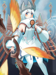  1girl absurdres blue_eyes blue_hair closed_mouth colored_inner_hair commentary_request detached_sleeves dragon_girl dragon_wings dress duel_masters floating floating_object highres karacara42 magic_circle multicolored_hair pantyhose sacred_dragon_emotional_hardcore silver_crown sleeveless sleeveless_dress solo two-tone_hair white_dress white_hair white_pantyhose wings 