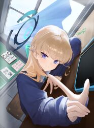  1girl absurdres blonde_hair blue_archive blue_cardigan blue_eyes blue_streaks bulletin_board cardigan chair classroom closed_mouth commentary_request dutch_angle elpoong halo highres indoors long_hair long_sleeves looking_at_viewer multicolored_hair pencil smile solo streaked_hair table tablet_pc toki_(blue_archive) toki_(school_uniform)_(blue_archive) translation_request twitter_username 