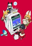 4girls animal_ears arcade_cabinet backpack bag black_hair black_shoes black_skirt bow bowtie bucket_hat chair check_commentary commentary commentary_request ezo_red_fox_(kemono_friends) fox_ears fox_tail gloves hat hat_feather highres jacket kaban_(kemono_friends) kemono_friends legs_crossed long_hair long_sleeves lucky_beast_(kemono_friends) miwa_shirou multiple_girls onsen_symbol pleated_skirt red_background red_shirt serval_(kemono_friends) serval_ears serval_print serval_tail shirt shoes short_hair shorts silver_fox_(kemono_friends) sitting sitting_on_object skirt striped_tail tail tearing_up trembling virtua_fighter washpan white_shorts yellow_eyes 