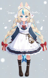  1girl anchor animal_ear_fluff animal_ears apron black_gloves blonde_hair blue_dress blue_eyes blue_streaks blunt_bangs blush bonnet boots bow bowtie braid brown_boots cat_ears closed_mouth collar commentary_request dress english_commentary english_text fins fish_hair_ornament fish_tail frilled_apron frilled_collar frilled_dress frilled_sleeves frills full_body gloves hair_bow hair_ornament highres indie_virtual_youtuber kerosene_lamp key knee_boots lace-up_boots long_hair long_sleeves looking_at_viewer mixed-language_commentary multicolored_hair multilingual_commentary red_bow red_bowtie sailor_collar sameko_saba sameko_saba_(winter_dress) sidelocks smile solo standing streaked_hair tail tousaki_shiina twin_braids very_long_hair virtual_youtuber white_apron white_bonnet white_sailor_collar 