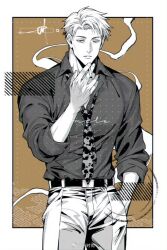  1boy belt border brown_background cigarette closed_mouth dress_shirt greyscale_with_colored_background hand_in_pocket jujutsu_kaisen male_focus nanami_kento necktie open_collar sashiyu shirt shirt_tucked_in short_hair simple_background solo suit_pants weibo_username white_border 
