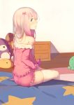  1girl bare_shoulders blue_eyes blush bow eromanga_sensei frills from_side hair_bow highres indoors izumi_sagiri long_hair long_sleeves looking_at_viewer looking_to_the_side off_shoulder on_bed pajamas parted_lips pink_hair red_bow sitting solo strap_slip stuffed_animal stuffed_cat stuffed_toy thigh-highs white_legwear yong_mei-uta 