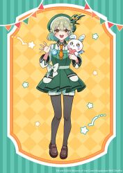  1girl apron aqua_hair black_pantyhose blush brown_shoes colored_inner_hair commentary_request copyright_notice dragon_musume_ni_naritakunai! duel_masters green_apron green_hair green_hat green_shirt green_shorts hat hat_ornament holding holding_stuffed_toy kanyoko_(yuzukano_17) looking_at_viewer mole mole_under_eye multicolored_hair nagareboshi_asche necktie official_art open_mouth orange_necktie pantyhose shirt shoes short_hair shorts solo star_(symbol) stuffed_animal stuffed_rabbit stuffed_toy teeth two-tone_hair upper_teeth_only yellow_eyes 