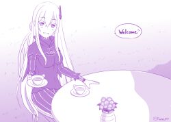  1girl :d bug butterfly butterfly_hair_ornament commentary_request cup dress echidna_(re:zero) english_text flower flower_pot grass hair_between_eyes hair_ornament long_hair looking_at_viewer monochrome pue4649 purple_theme re:zero_kara_hajimeru_isekai_seikatsu reaching reaching_towards_viewer smile solo speech_bubble table tea teacup twitter_username 