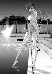  1girl breasts closed_mouth commentary_request from_side full_body greyscale hair_ornament highres kaba_yuuji kakunaru_ue_wa large_breasts long_hair long_sleeves loose_necktie miniskirt miyamoto_niina monochrome necktie night outdoors pleated_skirt poolside school_uniform shirt skirt smile solo standing standing_on_one_leg star_(symbol) star_hair_ornament twintails very_long_hair 