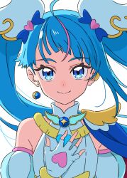  1girl ahoge blue_bow blue_cape blue_eyes blue_hair bow cape commentary_request cure_sky detached_sleeves earrings fingerless_gloves flat_chest gloves hair_bow hair_ornament hand_on_own_chest highres hirogaru_sky!_precure jewelry kousuke0912 long_hair looking_at_viewer magical_girl multicolored_hair pink_streaks precure puffy_detached_sleeves puffy_sleeves shirt side_cape sleeveless sleeveless_shirt smile solo sora_harewataru streaked_hair twintails two-sided_cape two-sided_fabric upper_body white_gloves white_shirt wing_hair_ornament 