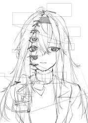  1girl absurdres arknights bow bowtie boya_666666 commentary_request extra_eyes greyscale highres lab_coat looking_at_viewer monochrome parted_lips priestess_(arknights) simple_background sketch solo turtleneck 