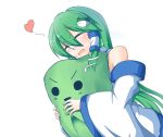  1girl bare_shoulders blush closed_eyes detached_sleeves eyebrows_visible_through_hair frog_hair_ornament green_hair hair_between_eyes hair_ornament heart highres hug kochiya_sanae long_hair nintoku open_mouth simple_background smile snake solo touhou very_long_hair white_background wide_sleeves 