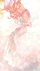  2girls absurdres angel bare_shoulders blue_eyes bracelet chinese_commentary chroma-ode_(shining_nikki) colored_eyelashes commentary_request desolation's_grace_(shining_nikki) downturned_eyes dress dual_persona fetal_position floating floating_hair flower full_body gown hair_flower hair_ornament happy highres holding holding_mini_person jewelry light_particles long_dress long_hair looking_at_another makabaka77883 mini_person minigirl multiple_girls nikki_(nikki) nikki_(series) official_alternate_color pink_hair purple_flower shining_nikki single_strap size_difference sleeveless sleeveless_dress solo_focus tight_clothes tight_dress very_long_hair watermark wavy_hair weibo_watermark white_background white_dress 