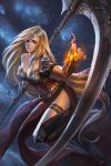  1girl armor artist_name bikini_armor blonde_hair blurry blurry_background breasts cleavage collarbone commentary covered_navel fingerless_gloves fire foreshortening gauntlets gloves greaves highres holding holding_weapon large_breasts lips long_hair looking_at_viewer magic moonlight nguyen_uy_vu night nose original parted_lips realistic red_eyes scythe signature single_pauldron solo thigh_strap tree very_long_hair weapon 