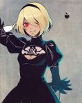  1girl bangs black_dress black_hairband blonde_hair breasts cleavage cleavage_cutout close-up cosplay dark_skin dress gravity_daze gravity_daze_2 hair_over_one_eye hairband kitten_(gravity_daze) lips looking_at_viewer medium_breasts mole mole_under_mouth nier_(series) nier_automata portrait red_eyes short_hair smile solo swept_bangs turtleneck yorha_no._2_type_b yorha_no._2_type_b_(cosplay) 