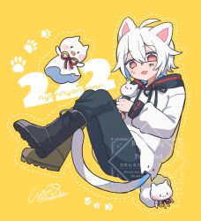  1boy :3 @_@ absurdres ahoge animal_ears barcode barcode_tattoo black_pants boots cat_ears cat_tail cheek_tattoo commentary crossed_bangs dot_nose double-parted_bangs drawstring fang flying full_body hair_between_eyes highres holding holding_microphone hood hood_down hoodie indie_utaite kemonomimi_mode knees_up lace-up_boots long_sleeves looking_at_viewer mafumafu mafuteru male_focus microphone nervous_sweating pants paw_print red_eyes short_hair sweat tail tattoo teruterubouzu tied_drawstring untranslatable_commentary utaite wavy_eyes white_hair white_hoodie yamigirikuroko 