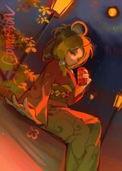  1girl absurdres alternate_costume beckoning black_sash blonde_hair bush can commentary drink_can eyelashes favnvs_(s910a_ib6) feet_out_of_frame full_moon hair_bobbles hair_ornament hand_on_table happy highres holding holding_can japanese_clothes kimono lamppost light_particles long_sleeves looking_at_viewer low-tied_sidelocks medium_hair moon night obi on_bench open_mouth outdoors pointy_nose ponytail print_kimono puff_of_air red_eyes red_kimono red_moon red_theme sash short_ponytail sidelocks smile soda_can solo sphere_hair_ornament tamatsukuri_misumaru touhou wide_sleeves yukata 