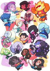  1boy 4others 6+girls amethyst_(steven_universe) anjohink aqua_eyes aqua_jacket aqua_shoes barefoot black_eyes black_hair black_tank_top blonde_hair blue_dress blue_eyes blue_hair blue_pants blue_shorts blue_skin brown_hair chest_jewel chibi chibi_only clenched_hand clenched_hands closed_mouth colored_skin commentary connie_maheswaran dark-skinned_female dark_skin dot_nose dress elbow_gloves extra_arms extra_eyes forehead_jewel full_body garnet_(steven_universe) gem gem_(steven_universe) gloves green_eyes green_skin grey_shorts grin hair_over_eyes hair_over_one_eye hairband hand_jewel hand_on_own_hip highres holding holding_umbrella jacket lapis_lazuli_(steven_universe) lips liquid_wings long_hair long_sleeves midriff multiple_girls multiple_others no_nose no_sclera one_eye_closed opal_(steven_universe) open_clothes open_jacket open_mouth orange_hair orange_skin outstretched_arms pants partially_fingerless_gloves pearl_(steven_universe) peridot_(steven_universe) pink_shirt pink_shoes pink_skin pointy_nose ponytail puffy_short_sleeves puffy_sleeves purple-tinted_eyewear purple_gem purple_hair purple_pants purple_skin rainbow_quartz_2.0 red-tinted_eyewear red_gem red_hairband red_shoes red_skin ruby_(steven_universe) sandals sapphire_(steven_universe) sardonyx_(steven_universe) sharp_teeth shirt shoes short_hair short_sleeves shorts smile smoky_quartz_(steven_universe) spread_arms star_(symbol) star_print steven_quartz_universe steven_universe stevonnie_(steven_universe) stomach_jewel sugilite_(steven_universe) sunglasses sunstone_(steven_universe) tank_top teeth tinted_eyewear umbrella upper_teeth_only v very_long_hair water white_gloves white_shirt white_shoes white_skin wings 
