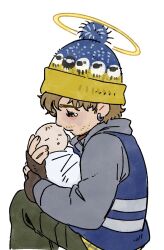  1boy baby beanie beard_stubble black_gloves brown_hair bryan_hodukavich carrying carrying_baby carrying_person chocytd facial_hair fingerless_gloves gloves hat hood hood_down hooded_jacket jacket male_focus resident_evil resident_evil_(2026_movie) sad short_hair stubble tears vest 