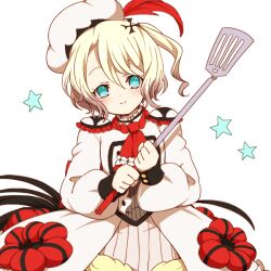  1girl akasata aqua_eyes blonde_hair blush closed_mouth commentary_request epaulettes grey_hair hat_feather head_tilt holding holding_spatula looking_at_viewer lowres magical_girl mahou_shoujo_ikusei_keikaku mahou_shoujo_ikusei_keikaku_restart multicolored_hair oversized_object pechika_(mahoiku) short_hair smile spatula star_(symbol) star_symbol_background two-tone_hair white_background 