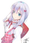  1girl backpack bag bangs blue_eyes blush bow breasts buttons center_frills closed_mouth collar dated dress dress_shirt eromanga_sensei eyebrows_visible_through_hair frilled_collar frilled_shirt_collar frills hair_between_eyes hair_bow hair_ornament hair_ribbon highres izumi_sagiri lavender_hair long_hair long_sleeves looking_at_viewer medium_breasts menghuan_tian neck_ribbon pink_dress randoseru red_bow red_ribbon ribbon school_bag shirt sidelocks signature simple_background skirt skirt_set sleeveless sleeveless_dress smile solo tress_ribbon upper_body white_background white_shirt 