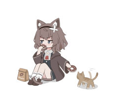  1girl animal_ear_fluff animal_ears ankle_socks apricotlemontea ascot averting_eyes bag black_dress black_hairband blush brown_hair brown_jacket brown_shoes cat cat_ears cat_tail collared_shirt commentary_request doughnut dress eating flower food full_body grey_eyes hairband holding holding_food jacket knees_up long_hair long_sleeves open_clothes open_jacket original paper_bag pinafore_dress red_ascot shadow shirt shoes sidelocks simple_background sitting sleeveless sleeveless_dress socks solo tail tail_wagging white_background white_flower white_shirt white_socks 