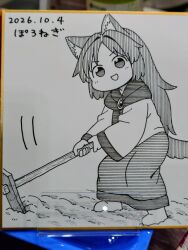  1girl :d absurdres animal_ears boots brooch commentary_request deformed full_body greyscale highres holding_hoe imaizumi_kagerou jewelry long_hair looking_at_viewer monochrome motion_lines open_mouth outdoors photo_(medium) poronegi shikishi smile soil solo tail touhou traditional_media wolf_ears wolf_girl wolf_tail 