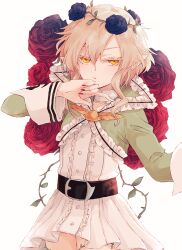  1girl akasata belt black_flower black_rose blonde_hair commentary_request cranberry_(mahoiku) elf flower hair_flower hair_ornament leaf magical_girl mahou_shoujo_ikusei_keikaku mahou_shoujo_ikusei_keikaku_unmarked orange_eyes plant pointy_ears red_flower red_nails red_rose rose thorns vines white_background 