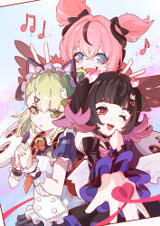  3girls absurdres angels_of_delusion animal_ear_hairband animal_ears aria_(human)_(discordant_note)_(zenless_zone_zero) aria_(human)_(zenless_zone_zero) aria_(zenless_zone_zero) arisa_ro black_choker black_garter_straps black_hair black_skirt blue_eyes breasts bridal_gauntlets cat_ear_hairband cat_ears choker commentary english_commentary fake_animal_ears garter_straps green_eyes green_hair grin hairband highres maid maid_headdress multiple_girls nangong_yu nangong_yu_(rhapsody's_muse) navel official_alternate_costume one_eye_closed open_mouth pink_hair quad_tails skirt smile sunna_(afternoon_tea_break)_(zenless_zone_zero) sunna_(zenless_zone_zero) thigh-highs v zenless_zone_zero 