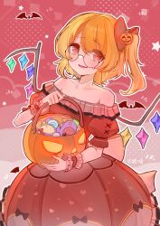  1girl 2091966 absurdres alternate_costume back_bow blonde_hair bow candy chinese_commentary commentary_request crystal crystal_wings dress english_text fang flandre_scarlet food frilled_wrist_cuffs frills hair_ornament halloween halloween_bucket highres jack-o'-lantern jack-o'-lantern_hair_ornament looking_at_viewer missing_headwear multicolored_wings off-shoulder_dress off_shoulder one_side_up open_mouth pointy_ears puffy_short_sleeves puffy_sleeves red_bow red_dress red_eyes red_wrist_cuffs round_eyewear short_sleeves skin_fang smile solo teardrop-framed_glasses touhou wings wrist_cuffs 