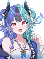  1girl achichi_mela aqua_hair black_hair blue_happi braid camisole commentary_request earrings fangs fire_hair_ornament gradient_horns hair_ornament hairclip happi highres hololive horns japanese_clothes jewelry kiseru05 long_hair looking_at_viewer multicolored_hair multicolored_horns nail_polish off_shoulder open_mouth pink_eyes pointy_ears purple_hair simple_background solo split-color_hair tassel tassel_hair_ornament two_side_up virtual_youtuber white_background white_camisole 