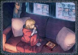  1girl andranof_pepesha blonde_hair blue_eyes book breath child crossed_arms full_body hand_on_own_arm highres long_hair official_art pale_skin pillow shy_(series) sitting socks squirrel under_covers white_socks window 