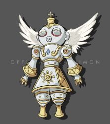 1other armor claws commentary covered_eyes digimon digimon_(creature) doguu full_body fusion glowing highres mask no_humans officialseraphi open_mouth red_eyes shakkoumon shell simple_background smile solo white_wings wings