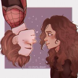  blush brown_hair closed_eyes couple curly_hair dark-skinned_female dark_skin hanging_from_ceiling imminent_kiss long_hair looking_at_another marvel peter_parker spider-man spider-man_(series) tom_holland upside-down vitoriadrawn zendaya 