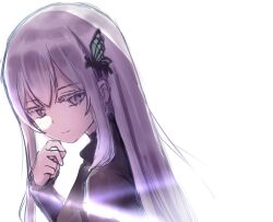  1girl absurdres amasaki333 black_dress bug butterfly close-up commentary_request dress echidna_(re:zero) green_butterfly grey_eyes hair_between_eyes hand_on_own_chin highres light_smile long_hair looking_at_viewer re:zero_kara_hajimeru_isekai_seikatsu reflection white_background white_hair 