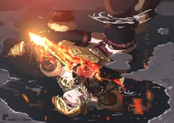  1girl absurdres artist_name black_gloves black_thighhighs blonde_hair boots bow_(weapon) brown_boots cowboy_shot fur-trimmed_boots fur-trimmed_gloves fur_trim gloves highres holding holding_bow_(weapon) holding_weapon hololive hololive_indonesia kaela_kovalskia kaela_kovalskia_(5th_costume) long_hair looking_ahead on_one_knee open_mouth puddle red_eyes reflection sanoh's_canvas shaded_face shorts sleeveless solo tagme thigh-highs weapon 
