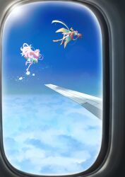 1boy 1girl above_clouds airplane_interior airplane_wing black_hat blue_sky boots bow clear_sky clouds coattails commentary cure_prism cure_wing day dress energy_ball flying frilled_shorts frills gloves hair_bow hat highres hirogaru_sky!_precure jacket knee_boots layered_gloves leg_ribbon long_hair looking_at_another looking_at_viewer magical_boy magical_girl medium_dress mini_hat mini_top_hat nijigaoka_mashiro orange_boots orange_gloves orange_hair orange_jacket orange_shorts pink_hair precure ribbon running shorts sky tailcoat top_hat upside-down very_long_hair white_boots white_bow white_dress white_gloves window yaya_0810 yuunagi_tsubasa 