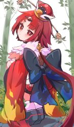  1girl absurdres beni-enma beni-enma_(first_ascension) bow fate/grand_order fate_(series) feather_trim from_behind highres looking_back low_ponytail ooinu_uruya ponytail red_eyes red_hair signature socks squatting waist_bow white_background white_socks wide_sleeves 