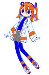  1girl a.i._voice adachi_rei arms_at_sides blue_hairband blue_pantyhose blue_shirt blush closed_mouth double-parted_bangs full_body gloves grey_skirt hair_between_eyes hairband headlamp highres jacket long_hair long_sleeves one_side_up open_clothes open_jacket orange_eyes orange_hair pantyhose pleated_skirt shirt shoes simple_background skirt solo standing unoskipdrawtwo utau white_background white_gloves white_jacket white_shoes 