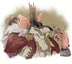  1boy animal_ears animal_on_finger artist_name buck_teeth cape closed_eyes commentary cross_scar crown deadlock_(game) english_commentary facing_another fangs fur-trimmed_cape fur_trim furry furry_male heart highres male_focus mouse_(animal) mouse_boy mouse_ears noses_touching notched_ear open_mouth platinum_ami rat_king_(deadlock) red_cape scar scar_across_eyes scar_on_face scar_on_nose teeth upper_body whiskers 
