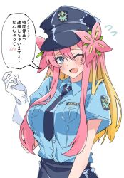  1girl blonde_hair blue_eyes blue_hat blue_shirt blue_skirt blush commentary_request duel_masters flower flying_sweatdrops gloves hair_down hair_flower hair_ornament hat highres kituneginoe long_hair multicolored_eyes multicolored_hair one_eye_closed pink_eyes pink_hair police police_hat police_uniform policewoman rafululu_love_(duel_masters) shirt short_sleeves simple_background skirt smile solo speech_bubble translation_request white_background white_gloves 