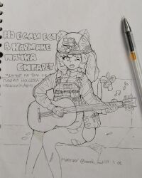 1girl :d action_camera axyehho1446 body_armor collared_jacket feet_out_of_frame flag_patch grin guitar helmet highres holding holding_guitar holding_instrument instrument jacket long_hair one_eye_closed open_mouth original pantyhose patch playing_guitar playing_instrument russian_flag russian_ground_forces russian_text russo-ukrainian_war sharp_teeth sketch skindentation smile solo teeth torn_clothes torn_pantyhose traditional_media translation_request twintails upper_teeth_only video_camera 