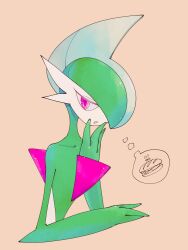  1other :o arm_blade brown_background colored_skin commentary_request facing_to_the_side food gallade green_hair green_skin hand_on_own_face hand_to_own_mouth high_contrast highres hungry looking_to_the_side mohawk pokemon pokemon_(creature) pokemon_focus red_eyes sandwich thinking umi-be-to upper_body weapon 