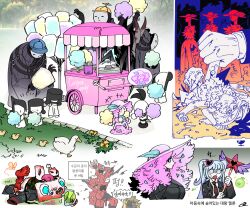  2girls 4others alriune aqua_eyes black_coat blue_hair breast_awe breasts candy candy_cane claws closed_mouth coat cosplay dante_(limbus_company) don_quixote_(project_moon) don_quixote_(project_moon)_(cosplay) faust_(project_moon) faust_(project_moon)_(cosplay) flower food food_stand force_(4sk_force) grass grey_coat hair_ornament hat heart heart_hair_ornament holding holding_wand korean_text large_breasts lcb_uniform_(project_moon) limbus_company long_hair long_sleeves mask multiple_girls multiple_others nothing_there partial_humanization pink_flower pink_hat project_moon propeller_hat queen_of_hatred red_trim ribbed_coat stab the_carnival_(project_moon) the_silent_orchestra translation_request two_side_up vending_cart very_long_hair wand white_mask wide_brim yellow_hat 