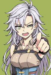  1girl absurdres angry belt_pouch detached_sleeves eiyuu_densetsu fie_claussell frown glaring green_background green_eyes hair_between_eyes highres kuro_no_kiseki_(series) long_hair open_mouth parted_bangs pointing pointing_at_viewer pouch takuu_(seadog6662) white_hair 