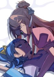  2girls absurdres blue_eyes blue_hair blue_shirt bow casual commentary cover cover_page cut_bangs doujin_cover dress green_eyes hair_bow hair_bun hair_ribbon highres hirogaru_sky!_precure leaning_forward long_hair long_sleeves looking_at_another medium_hair multiple_girls nijigaoka_mashiro on_ground parted_lips pink_dress pink_hair precure ribbon shirt side_ponytail single_hair_bun sora_harewataru straddling t-shirt tikena_puriyou two-tone_shirt white_ribbon white_shirt yellow_bow 