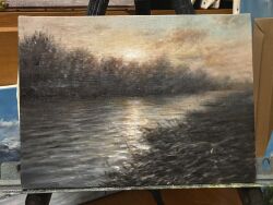 blue_sky clouds commentary_request hashibossan no_humans original painting_(medium) river scenery sky sunrise traditional_media tree water 