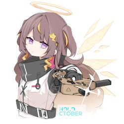  1girl absurdres anya_melfissa arknights black_gloves black_jacket blonde_hair blonde_streaks blunt_bangs brown_hair center-flap_bangs closed_mouth commentary cosplay cropped_torso detached_wings dot_mouth double-parted_bangs english_commentary exusiai_(arknights) exusiai_(arknights)_(cosplay) fingerless_gloves gangsta_hold glint gloves gradient_hair gun hair_ornament halo highres holding holding_gun holding_weapon hololive hololive_indonesia jacket kriss_vector long_hair long_sleeves looking_at_viewer multicolored_hair name_connection pun saltnvalk simple_background sketch solo streaked_hair submachine_gun traditional_halo two-tone_hair two_side_up violet_eyes virtual_youtuber wavy_hair wavy_sidelocks weapon weapon_connection white_background white_jacket wings 