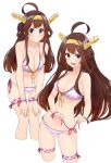  1girl ahoge alternate_costume amayu bikini blush breasts brown_hair closed_mouth collarbone hands_on_own_knees headgear kantai_collection kongou_(kantai_collection) leaning_forward long_hair looking_at_viewer medium_breasts multiple_views navel open_mouth pink_bikini remodel_(kantai_collection) side-tie_bikini simple_background smile standing strap_pull swimsuit thigh_strap upper_body white_background wrist_straps 