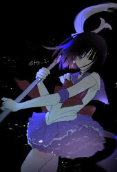  1girl bishoujo_senshi_sailor_moon black_background black_hair bow bowtie choker circlet commentary_request elbow_gloves gloves highres holding holding_polearm holding_weapon looking_at_viewer magical_girl polearm purple_sailor_collar purple_skirt sailor_collar sailor_saturn sailor_senshi sailor_senshi_uniform short_hair silence_glaive skirt solo star_(symbol) star_choker takayo_(retry) tomoe_hotaru twitter_username weapon white_gloves 